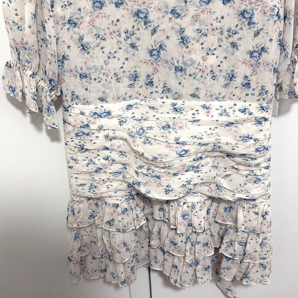 LoveShackFancy Woman’s Ivory Silk Hannah Dress Blue/Pink Floral Print. Size 8. - Picture 7 of 14